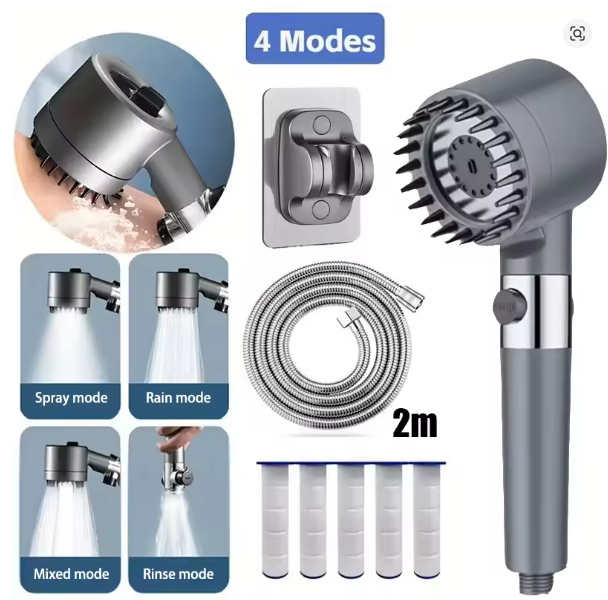 Cabezal de Ducha 4 Modos – Spray, Lluvia, Mezcla y Enjuague
