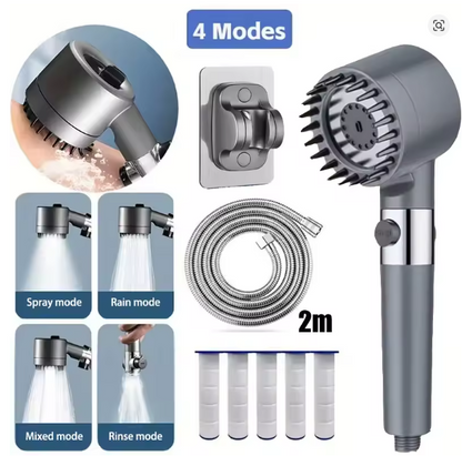 Cabezal de Ducha 4 Modos – Spray, Lluvia, Mezcla y Enjuague